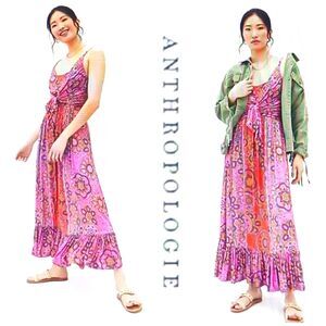 Anthropologie Maeve Andie Tie Front Maxi Pink Medallion Print Jersey Knit Sz L